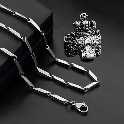 Silver-Plated Chain & KGF Lion Ring Combo – Adjustable, rhodium-plated stainless steel.