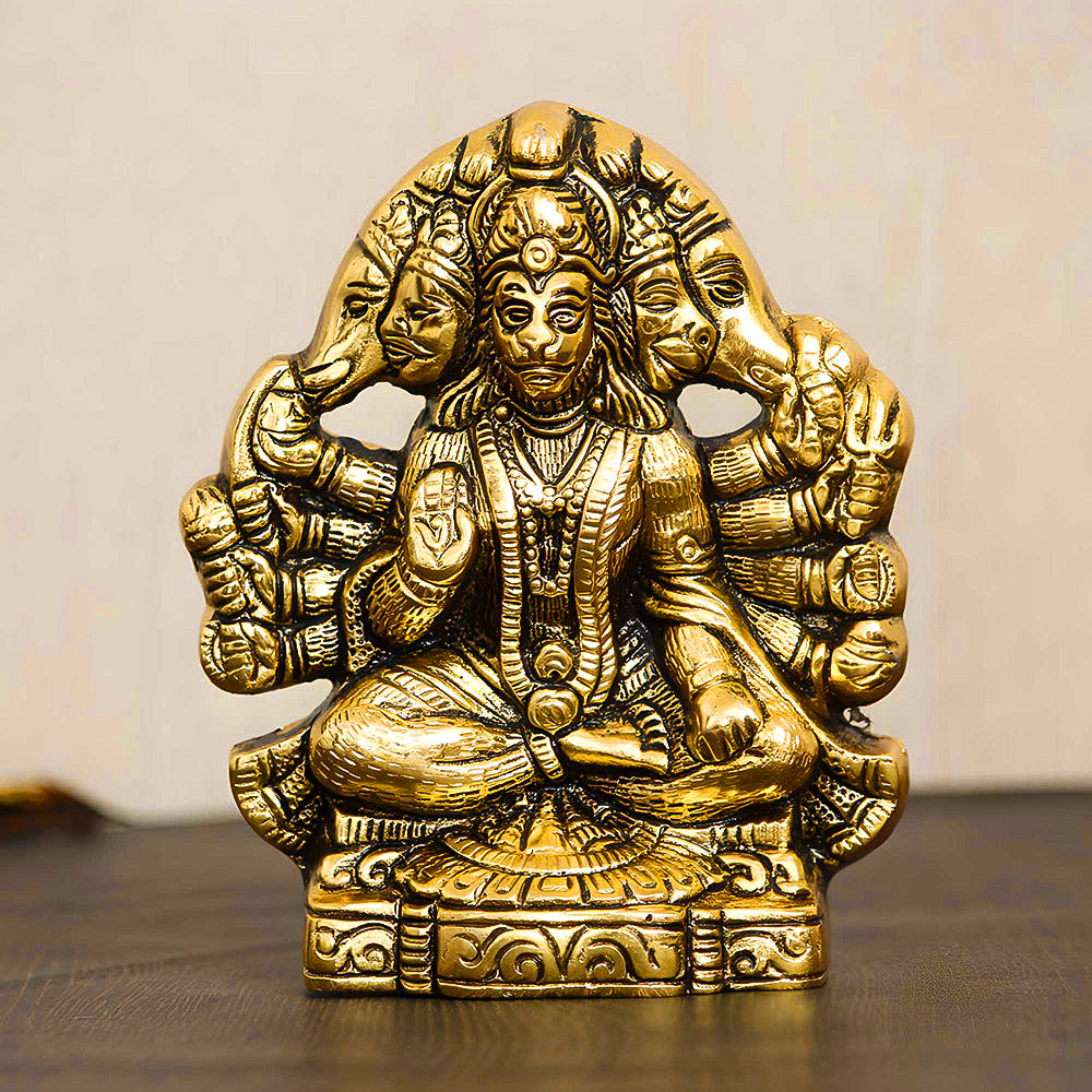 Golden Metal Lord Panchmukhi Hanuman Statue Bajrangbali Religious Idol Murti