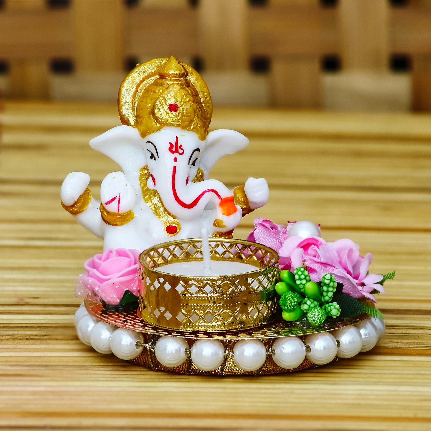 Lord Ganesha Idol on Decorative Plate with Tea Light Holder - Special Edition