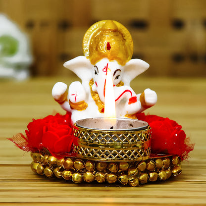 Lord Ganesha Idol on Decorative Plate with Tea Light Holder