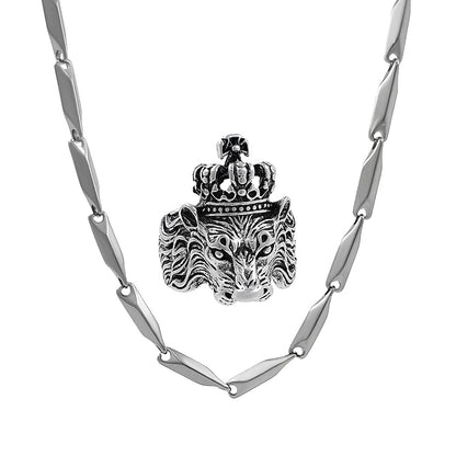 Silver-Plated Chain & KGF Lion Ring Combo – Adjustable, rhodium-plated stainless steel.