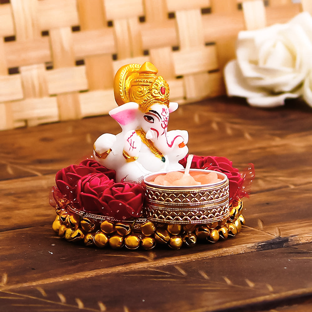 Lord Ganesha Idol on Decorative Plate with Tea Light Holder