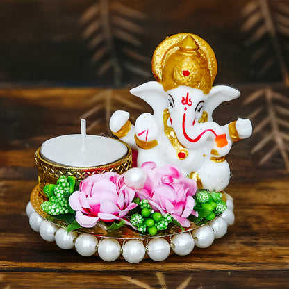 Lord Ganesha Idol on Decorative Plate with Tea Light Holder - Special Edition