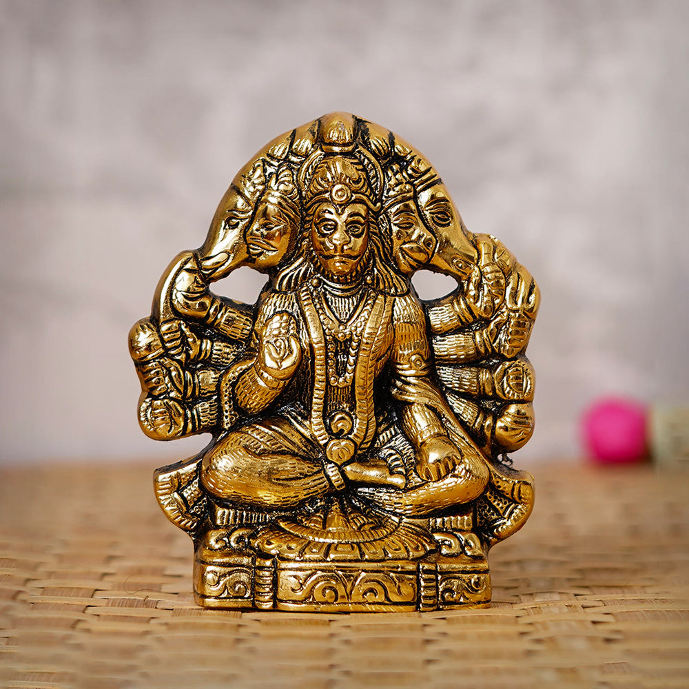 Golden Metal Lord Panchmukhi Hanuman Statue Bajrangbali Religious Idol Murti