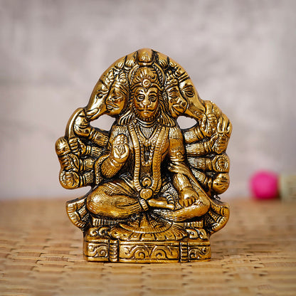 Golden Metal Lord Panchmukhi Hanuman Statue Bajrangbali Religious Idol Murti