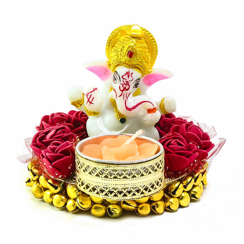 Lord Ganesha Idol on Decorative Plate with Tea Light Holder