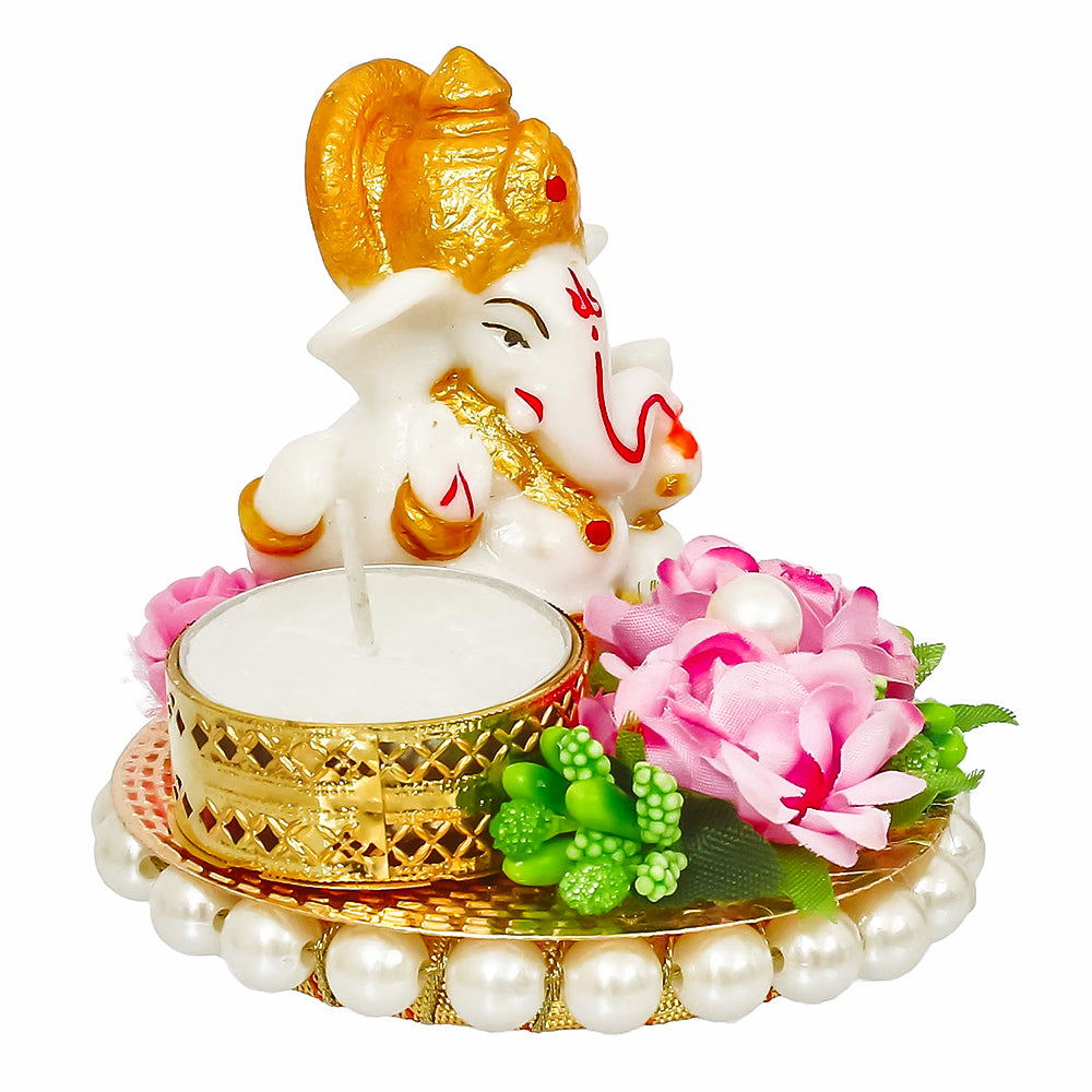 Lord Ganesha Idol on Decorative Plate with Tea Light Holder - Special Edition