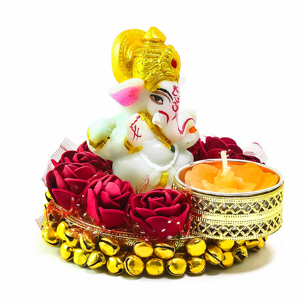 Lord Ganesha Idol on Decorative Plate with Tea Light Holder