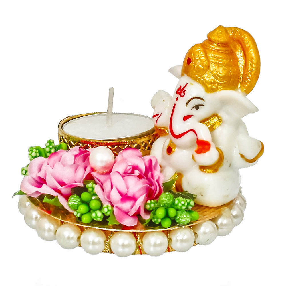 Lord Ganesha Idol on Decorative Plate with Tea Light Holder - Special Edition